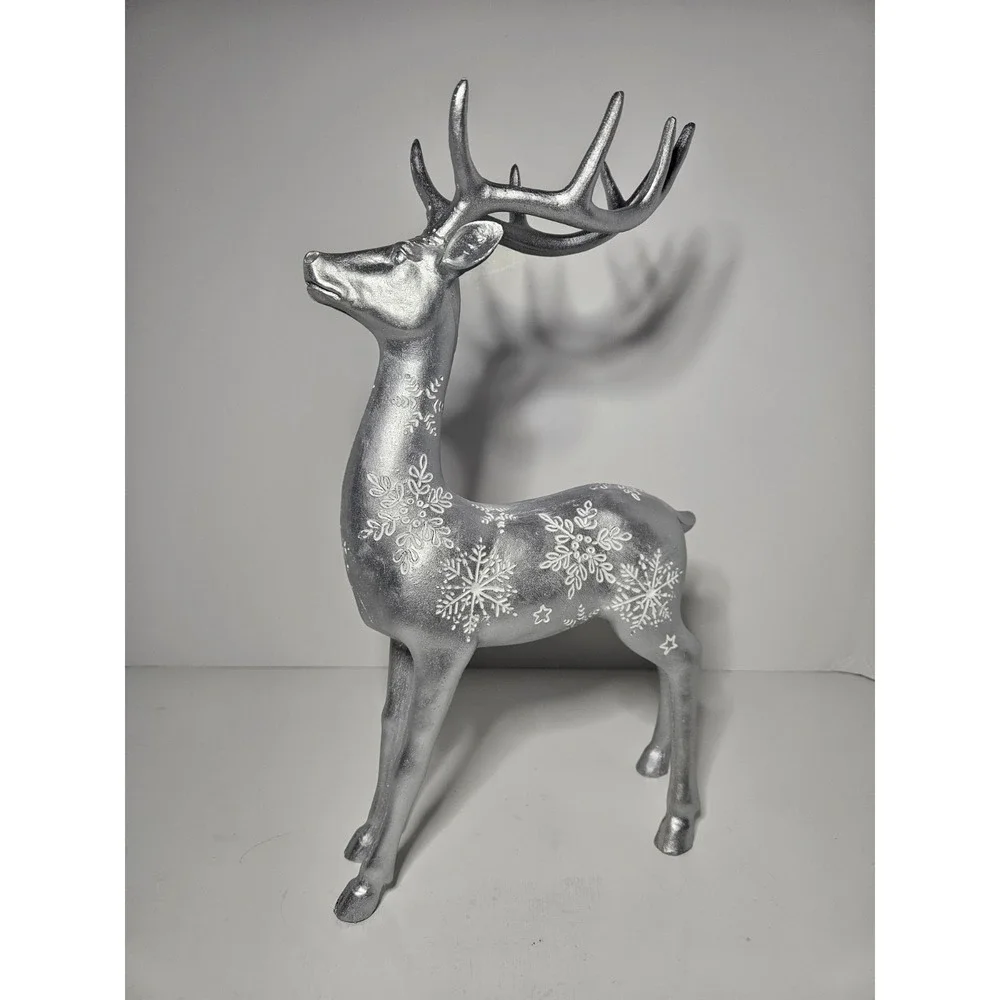 Silver Reindeer Figurine Christmas Decor Standing Stag Snowflake Statue Holiday